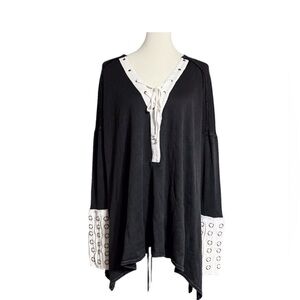 Free People Black & White Lace-Up Boho Top: Size M